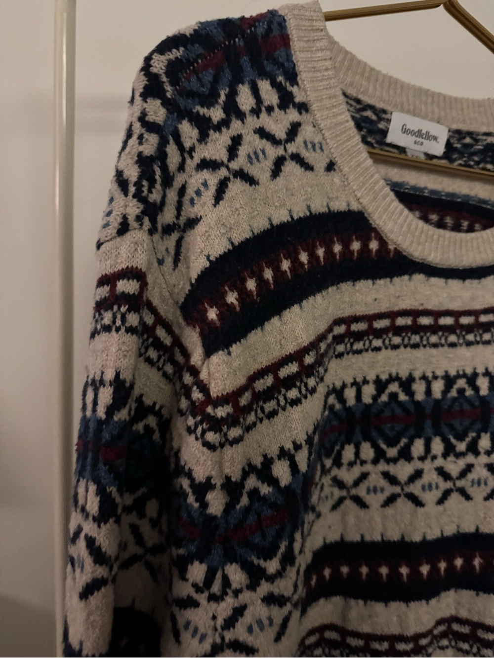 Goodfellow & Co Cream Fair Isle Sweater with Navy & Burgundy Patterns